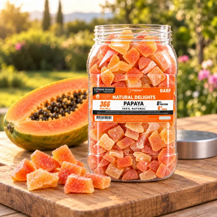 Barattolo aperto PiùCane Natural Delights Papaya su un tagliere di legno in un giardino all'ora dorata, con tocchetti di papaya candita versati davanti, il tappo argento accanto e mezza papaya fresca a sinistra
