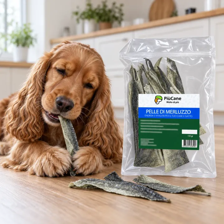 Cocker Spaniel fulvo sdraiato sul pavimento di legno di una cucina luminosa che rosicchia una striscia di pelle di merluzzo essiccata, accanto alla busta PiùCane Pelle di Merluzzo 150 g