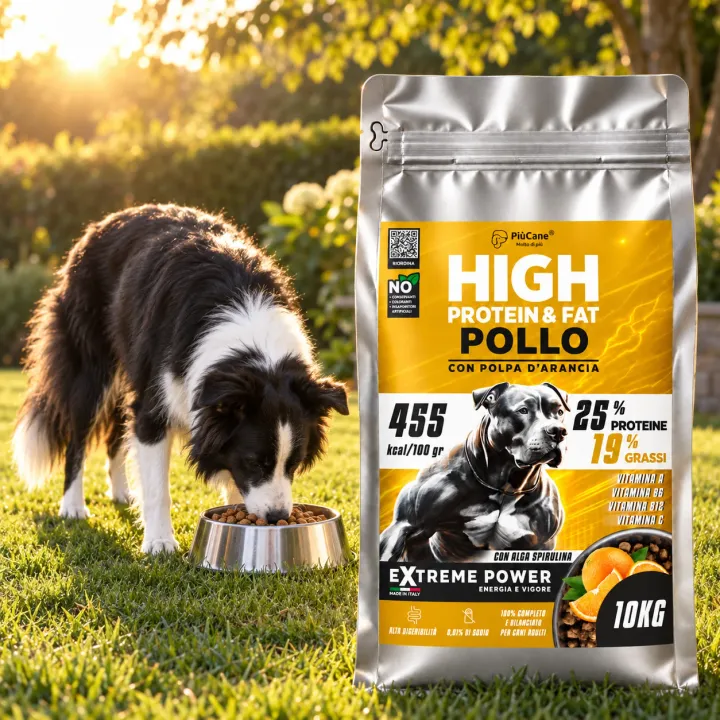 Border Collie che mangia crocchette da una ciotola in acciaio sul prato di un giardino all'ora dorata, accanto al sacco PiùCane Extreme Power High Protein & Fat Pollo con Polpa d'Arancia da 10 kg