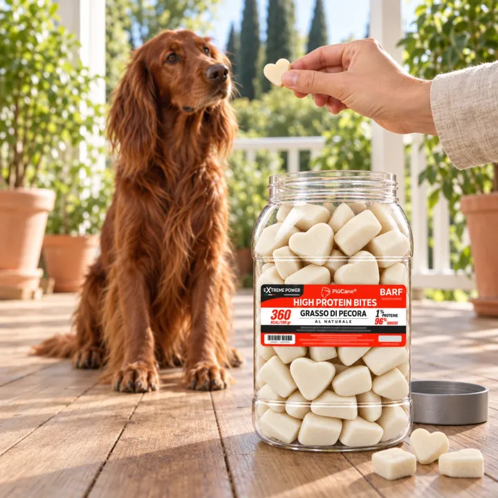 Setter Irlandese seduto su una veranda in legno che guarda una mano porgergli un bocconcino a cuore, accanto al barattolo aperto PiùCane High Protein Bites Grasso di Pecora