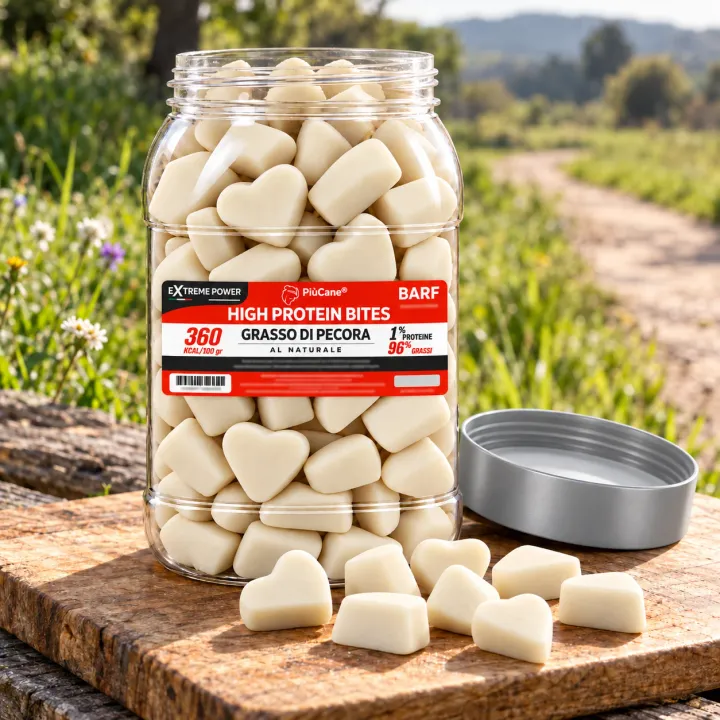 Barattolo aperto di PiùCane High Protein Bites Grasso di Pecora su un tagliere di legno, con bocconcini a forma di cuore versati davanti e un sentiero di campagna sullo sfondo