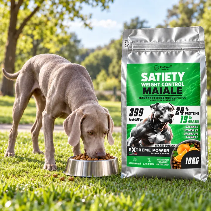 Weimaraner che mangia crocchette da una ciotola in acciaio sul prato di un parco al mattino, accanto al sacco PiùCane Extreme Power Satiety Weight Control Maiale da 10 kg