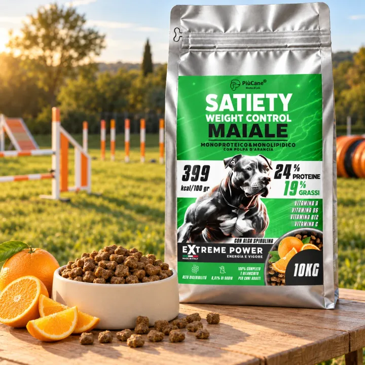 Ciotola in ceramica color crema piena di crocchette color nocciola su un tavolo di legno con arance fresche, davanti al sacco PiùCane Extreme Power Satiety Weight Control Maiale da 10 kg, in un campo di addestramento per cani