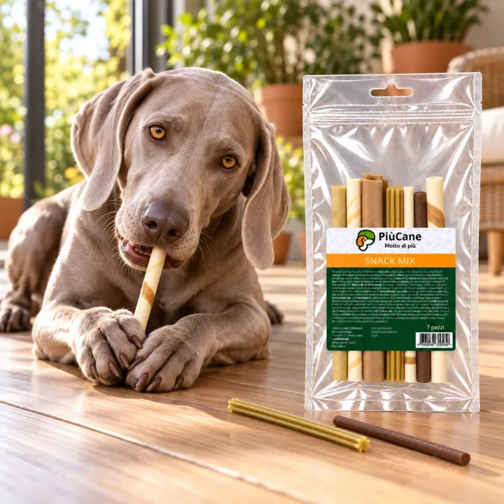 Weimaraner sdraiato sul pavimento in legno di una veranda luminosa che rosicchia uno snack tenendolo tra le zampe anteriori, accanto alla busta PiùCane Snack Mix 7 pezzi