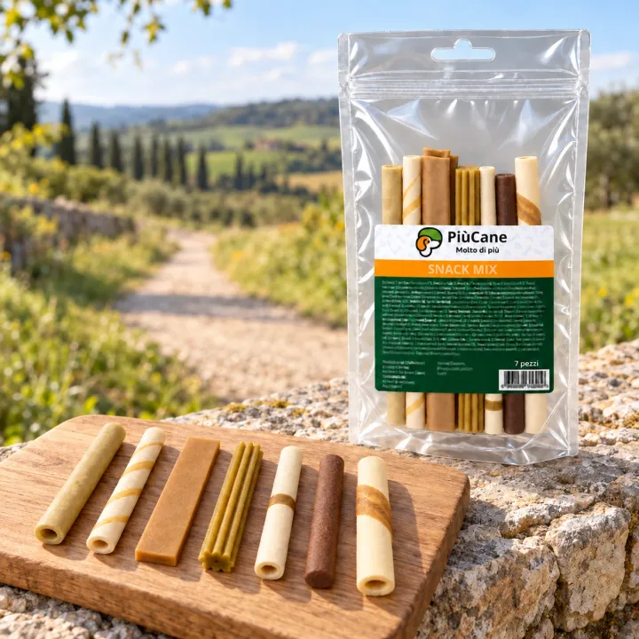Sette snack per cani di forme e colori diversi allineati su un tagliere di legno, appoggiato su un muretto di pietra lungo un sentiero di campagna, accanto alla busta PiùCane Snack Mix 7 pezzi