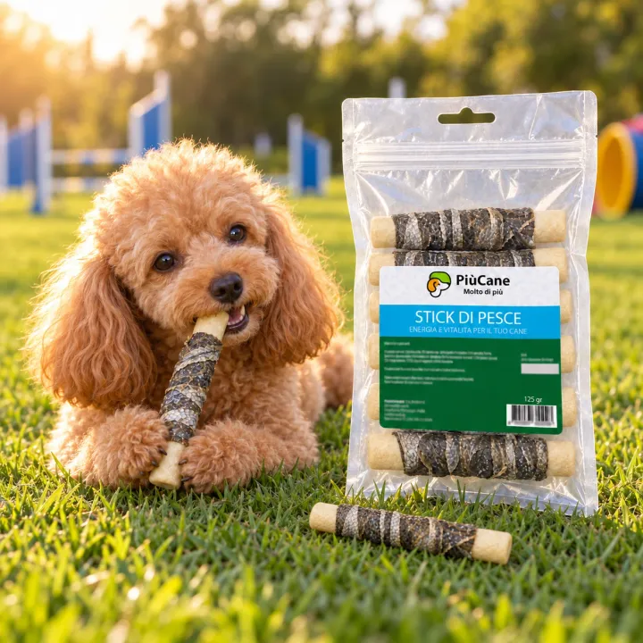 Barboncino toy color albicocca sdraiato sul prato di un campo di addestramento all'ora dorata che rosicchia uno stick di pesce tenendolo tra le zampe anteriori, accanto alla busta PiùCane Stick di Pesce 125 gr