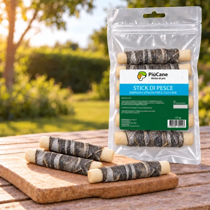 Tre stick di pesce avvolti in pelle di pesce essiccata su un tagliere di legno, su un tavolo da giardino all'ora dorata, accanto alla busta PiùCane Stick di Pesce 125 gr