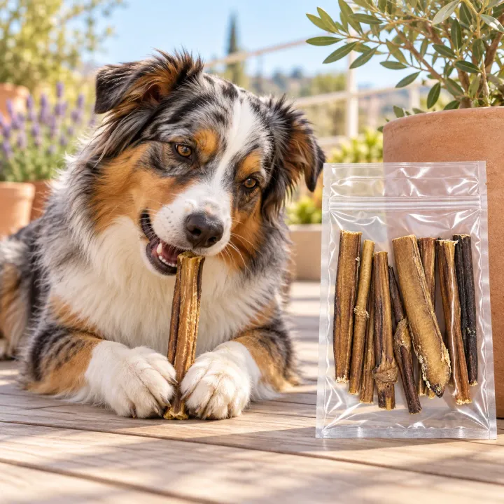 Pastore Australiano blue merle sdraiato su una terrazza luminosa che rosicchia un tendine di bue essiccato tenuto tra le zampe anteriori, accanto alla busta trasparente PiùCane Tendine di Bue da 10 pezzi