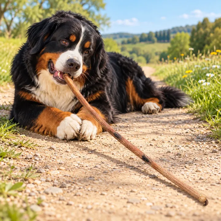 Bovaro del Bernese sdraiato su un sentiero di campagna soleggiato che rosicchia un lungo tendine di toro essiccato PiùCane, tenuto in bocca e appoggiato sulle zampe anteriori