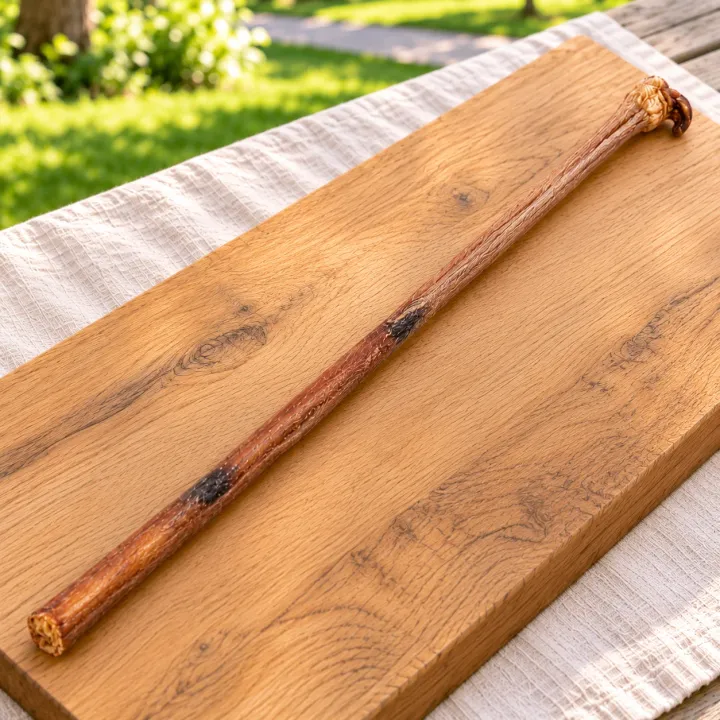 Un tendine di toro essiccato PiùCane lungo 60 cm su un tagliere di rovere appoggiato su un tovagliolo di lino, su un tavolo da picnic in un parco al mattino