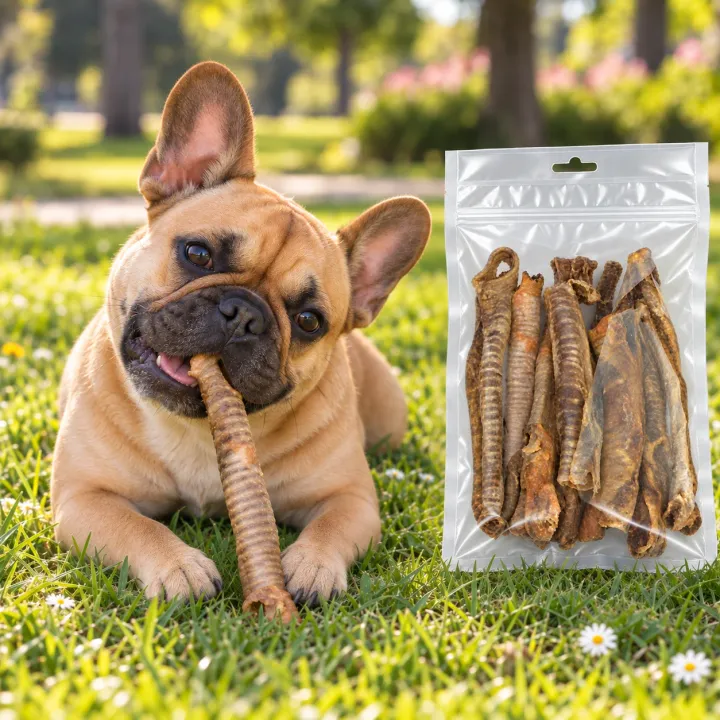 Bulldog Francese fulvo sdraiato sul prato di un parco al mattino che rosicchia una trachea di agnello essiccata tenuta tra le zampe anteriori, accanto alla busta trasparente PiùCane Trachea di Agnello