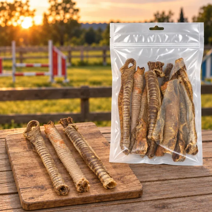 Tre trachee di agnello essiccate su un tagliere di legno rustico, su un tavolo a bordo di un campo di addestramento al tramonto, accanto alla busta trasparente PiùCane Trachea di Agnello