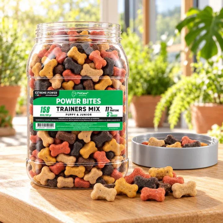Barattolo aperto PiùCane Power Bites Trainers Mix Puppy & Junior su un piano di legno in una veranda luminosa con piante, con ossicini colorati versati davanti e il tappo grigio accanto pieno di ossicini