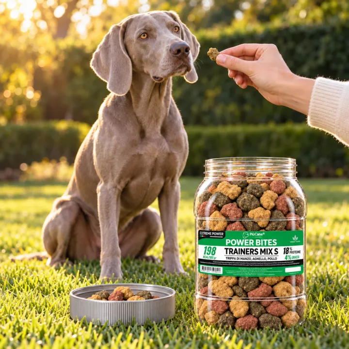 Weimaraner seduto su un prato in giardino alla luce calda del pomeriggio che guarda un bocconcino offerto da una mano, accanto al barattolo aperto PiùCane Power Bites Trainers Mix S con il tappo pieno di bocconcini