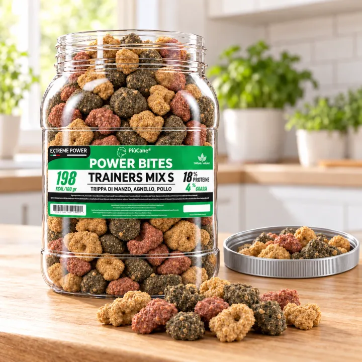 Barattolo aperto PiùCane Power Bites Trainers Mix S su un piano di legno in una cucina luminosa, con bocconcini color sabbia, terracotta e verde scuro versati davanti e il tappo argentato accanto pieno di bocconcini