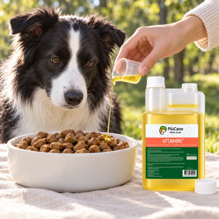 Border Collie che osserva una mano versare l'integratore liquido da un bicchierino sulle crocchette in una ciotola bianca, su una coperta al parco, accanto al flacone PiùCane VITAMIN+ da 250 ml