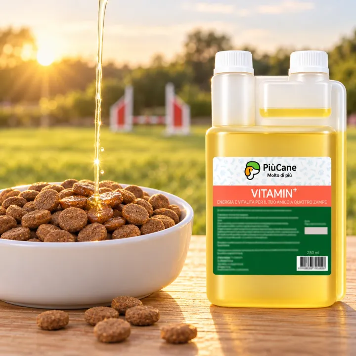 Filo di integratore liquido che scende sulle crocchette in una ciotola bianca su un tavolo di legno, accanto al flacone PiùCane VITAMIN+ da 250 ml, in un campo di addestramento al tramonto