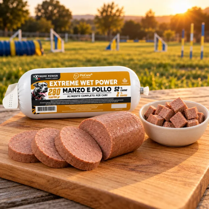 Confezione PiùCane Extreme Wet Power Manzo e Pollo su un tagliere di legno, accanto a un salsicciotto di umido aperto con alcune fette e a una ciotola con cubetti, all'aperto su un campo di agility nell'ora dorata
