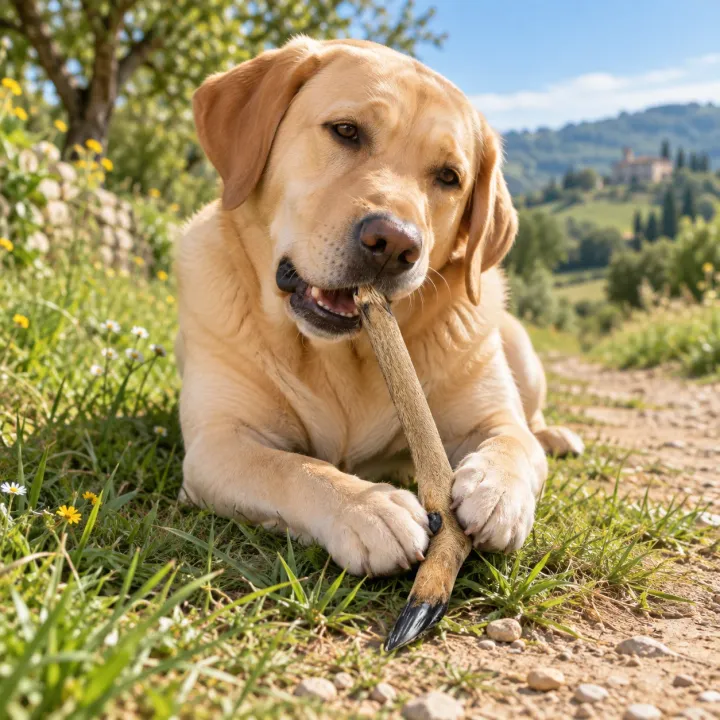 Labrador biondo sdraiato sull'erba al bordo di un sentiero di campagna che rosicchia una zampa di capra con pelo tenuta tra le zampe anteriori