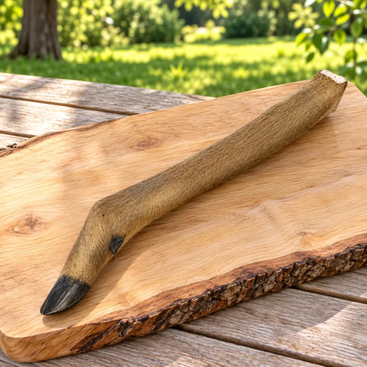 Zampa di capra con pelo essiccata PiùCane su un tagliere rustico in legno chiaro, appoggiato su un tavolo da giardino in un parco al mattino