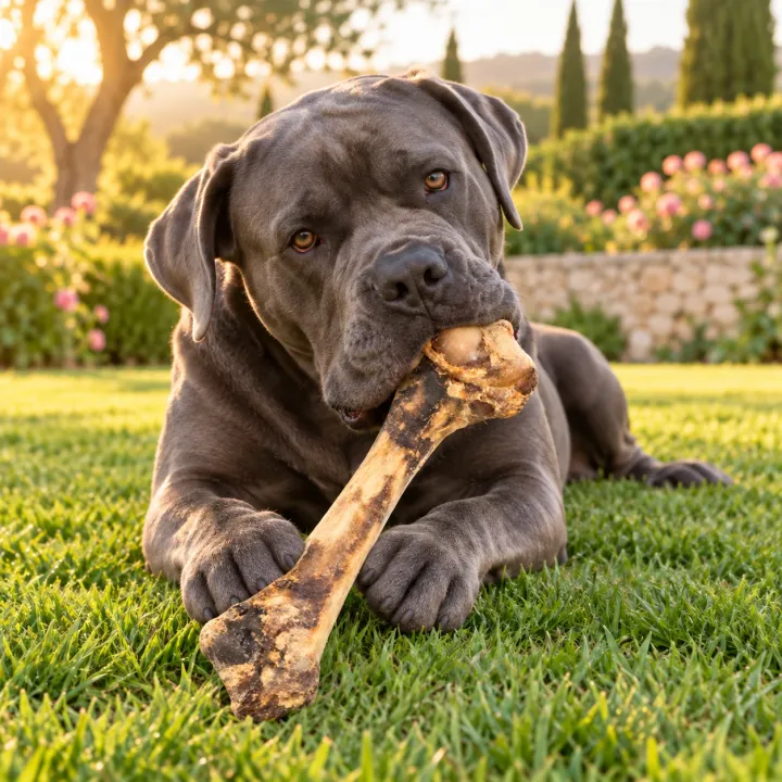 Cane Corso grigio sdraiato sul prato di un giardino all'ora dorata che rosicchia un osso di zampa di cervo essiccato PiùCane tenuto tra le zampe anteriori