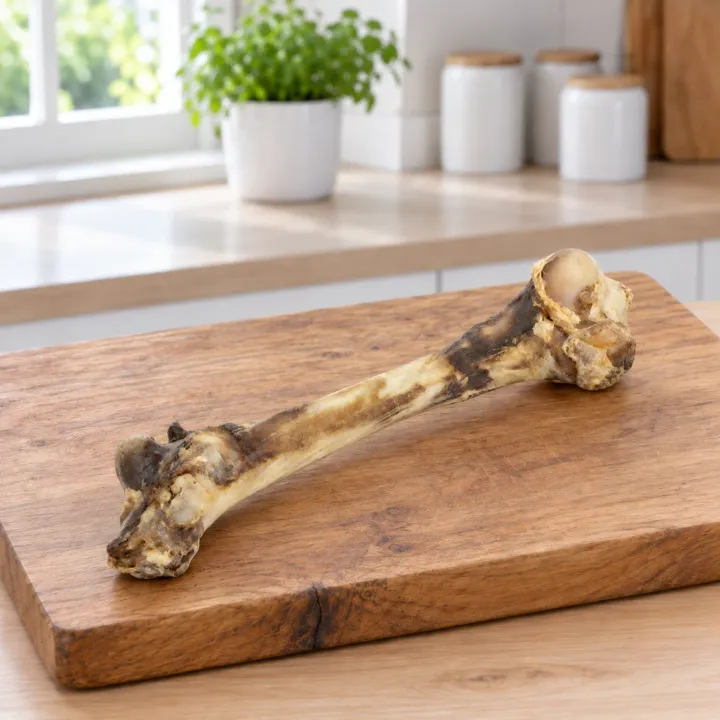 Osso di zampa di cervo essiccato PiùCane appoggiato su un tagliere di legno in una cucina luminosa, con una pianta verde e barattoli bianchi sullo sfondo